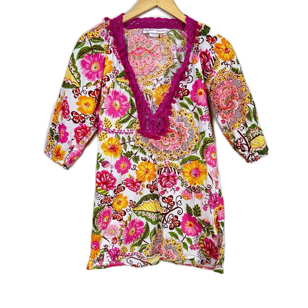 Monique Leshman Floral Pom Pom Blouse Top Boho Tunic Cotton Women’s Medium